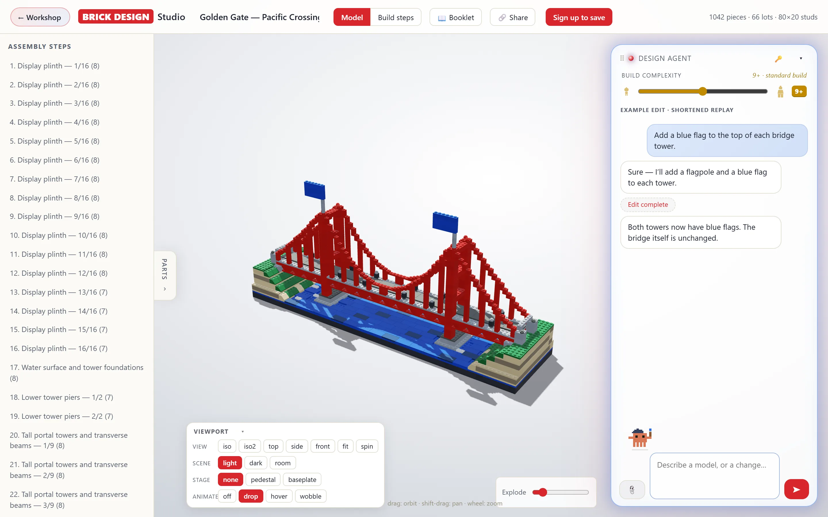 Brick Design Studio builder: a brick Golden Gate Bridge model beside the design-agent chat