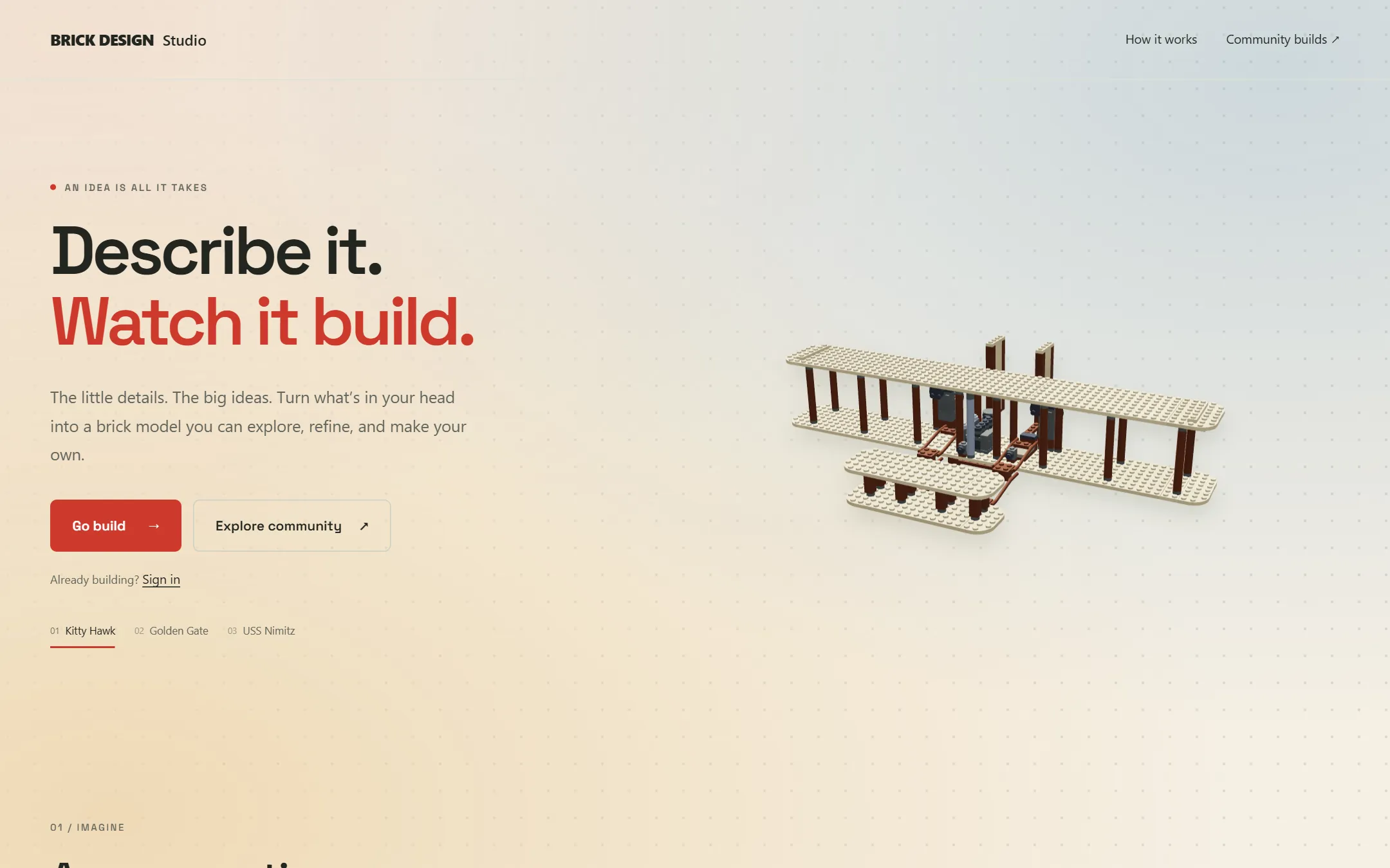 Brick Design Studio landing page with a 3D brick model of the Wright Flyer