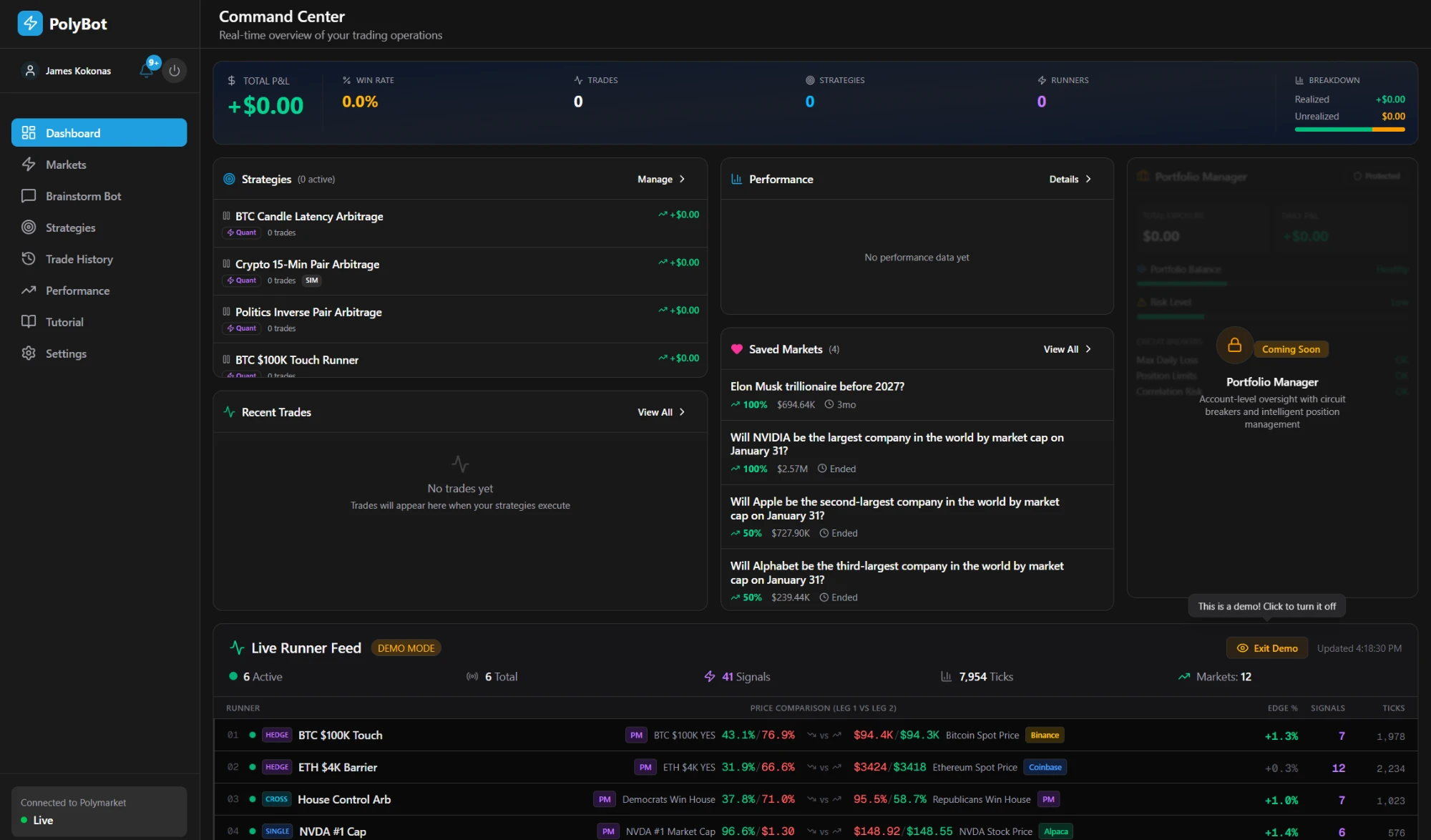 PolyBot Command Center in demo mode: P&L and strategy stats, strategy list, saved markets and the live runner feed comparing Polymarket odds with spot prices