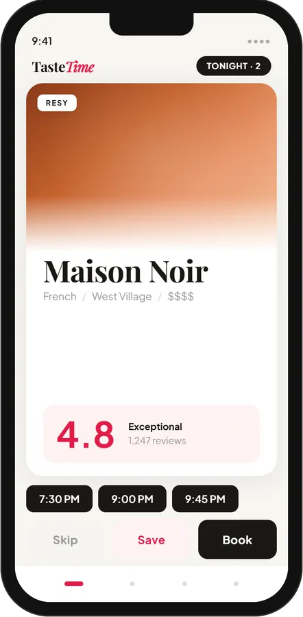 TasteTime's booking screen on a phone