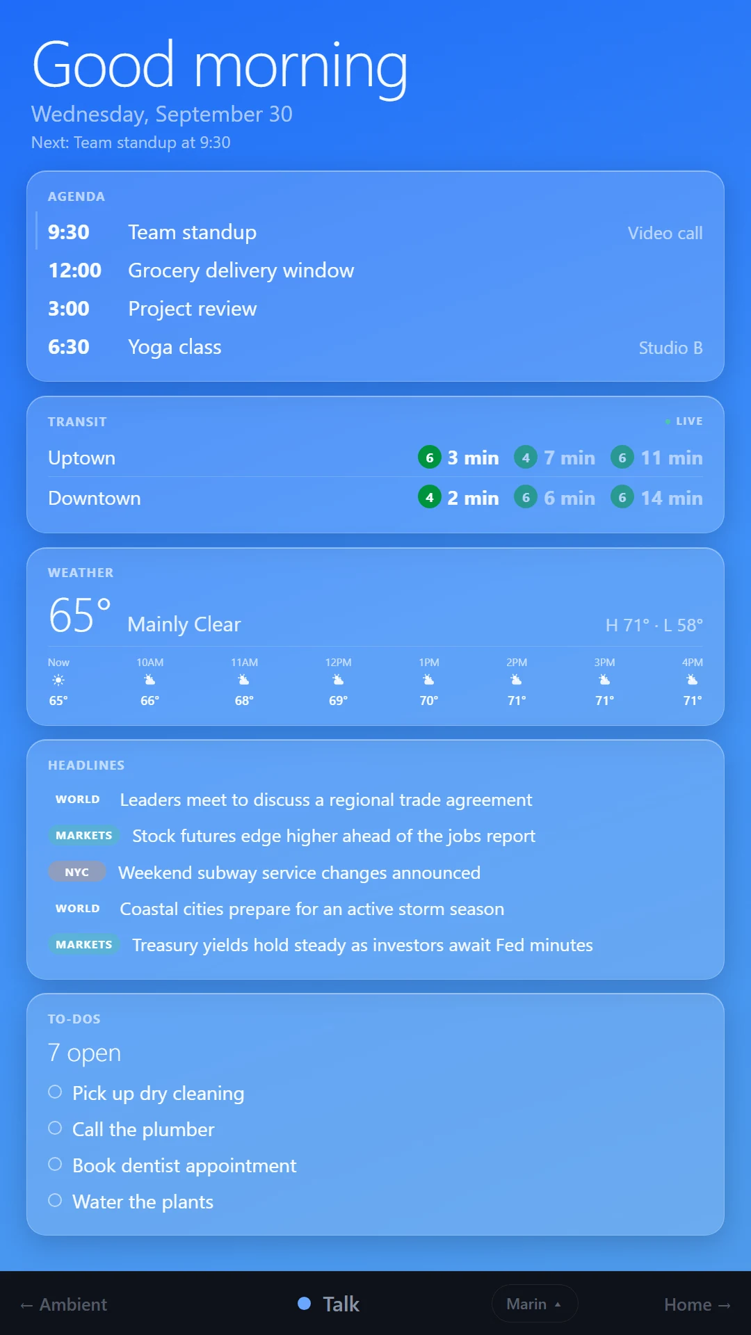 Wall dashboard Briefing page: a 'Good morning' header over cards for the agenda, subway arrivals, hourly weather, headlines and open to-dos